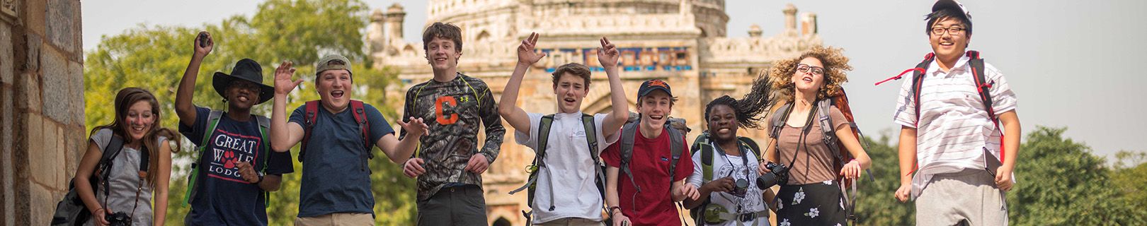 Christchurch boarding school students on a 全球艾德 trip to India jumping at Lodi Gardens in New Delhi India